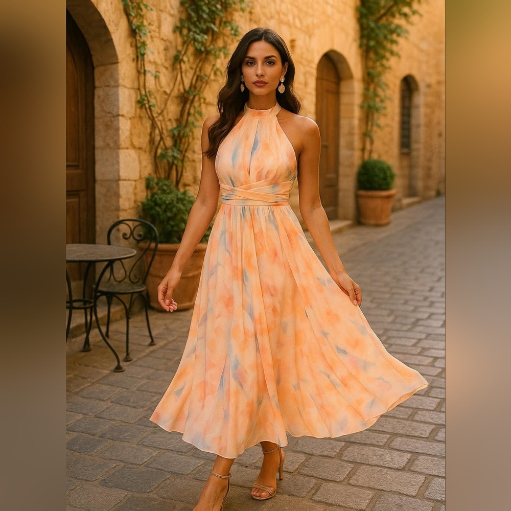Orange Ruffled Tiered Halter Midi Dress